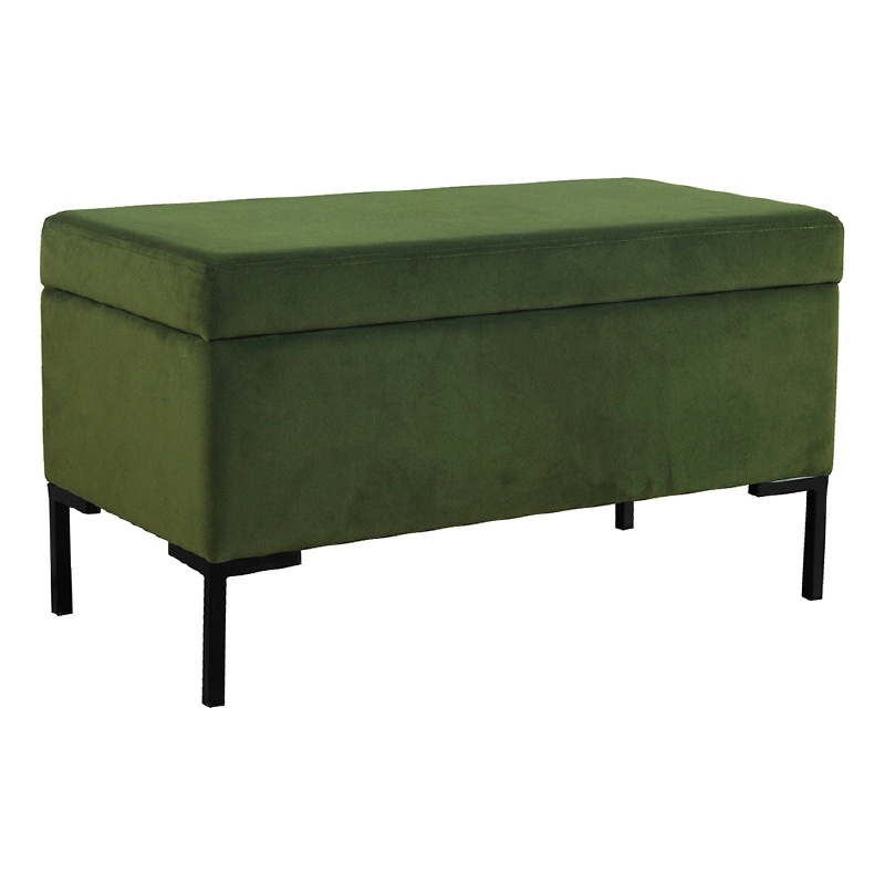 Benjara Ray Storage Bench Ottoman- Forest Green Velvet- Metal Legs- 32 Inch