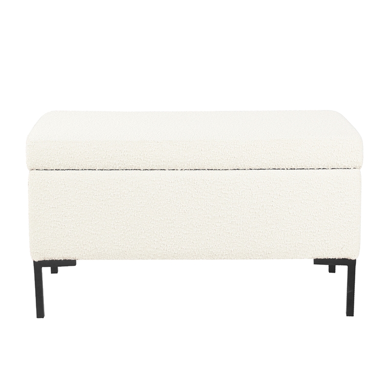 Benjara Ray Storage Bench Ottoman- Cream White Boucle- Metal Legs- 32 Inch