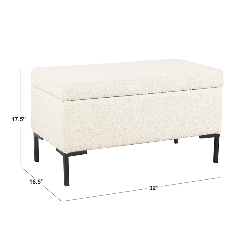 Benjara Ray Storage Bench Ottoman- Cream White Boucle- Metal Legs- 32 Inch