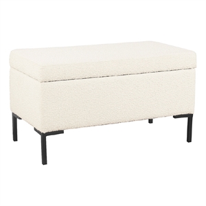 Benjara Ray Storage Bench Ottoman- Cream White Boucle- Metal Legs- 32 Inch