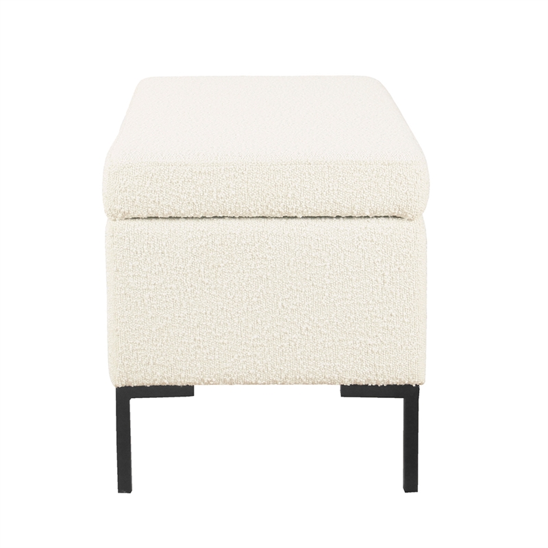 Benjara Ray Storage Bench Ottoman- Cream White Boucle- Metal Legs- 32 Inch