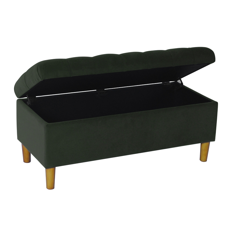 Benjara Sol Storage Bench Ottoman- Forest Green Soft Velvet- Brown- 40 Inch