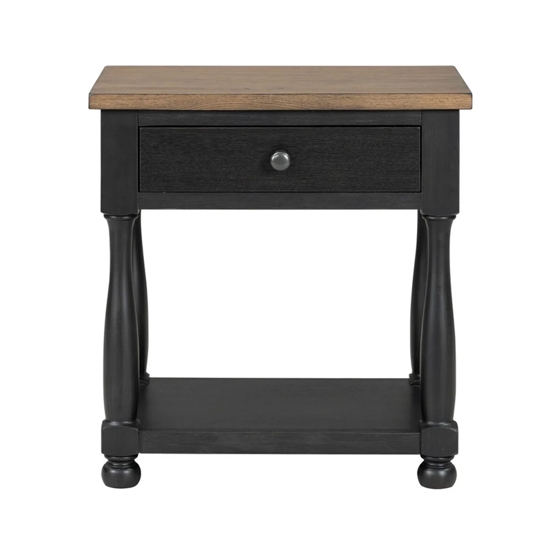 Benjara Ginie Nightstand- USB Ports and Drawer- Shelf- Black Rustic Oak Wood