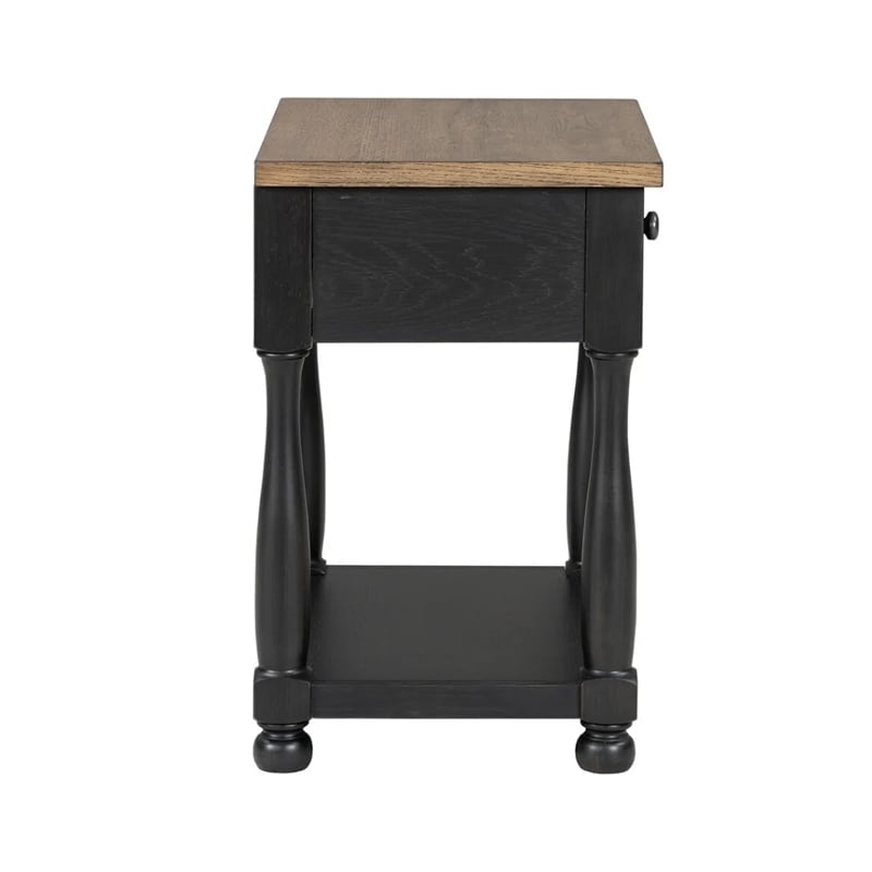 Benjara Ginie Nightstand- USB Ports and Drawer- Shelf- Black Rustic Oak Wood