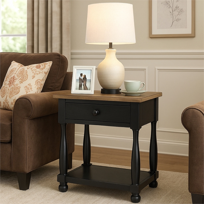 Benjara Ginie Nightstand- USB Ports and Drawer- Shelf- Black Rustic Oak Wood