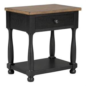 Benjara Ginie Nightstand- USB Ports and Drawer- Shelf- Black Rustic Oak Wood