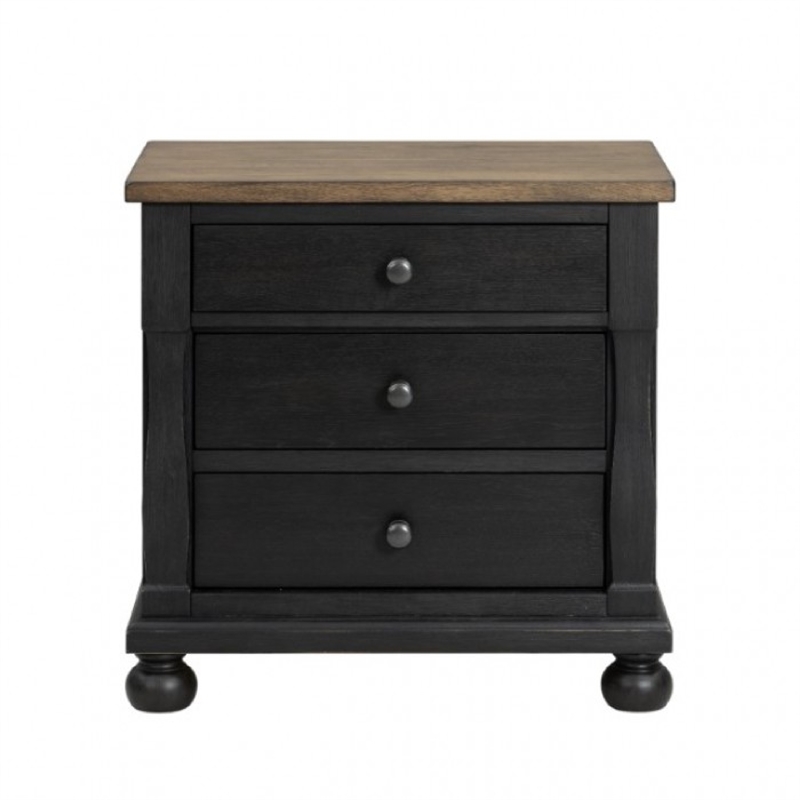 Benjara Ginie Nightstand with 2 USB Ports- 3 Drawers- Black Rustic Oak Brown