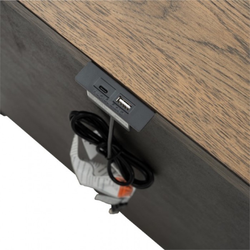 Benjara Ginie Nightstand with 2 USB Ports- 3 Drawers- Black Rustic Oak Brown