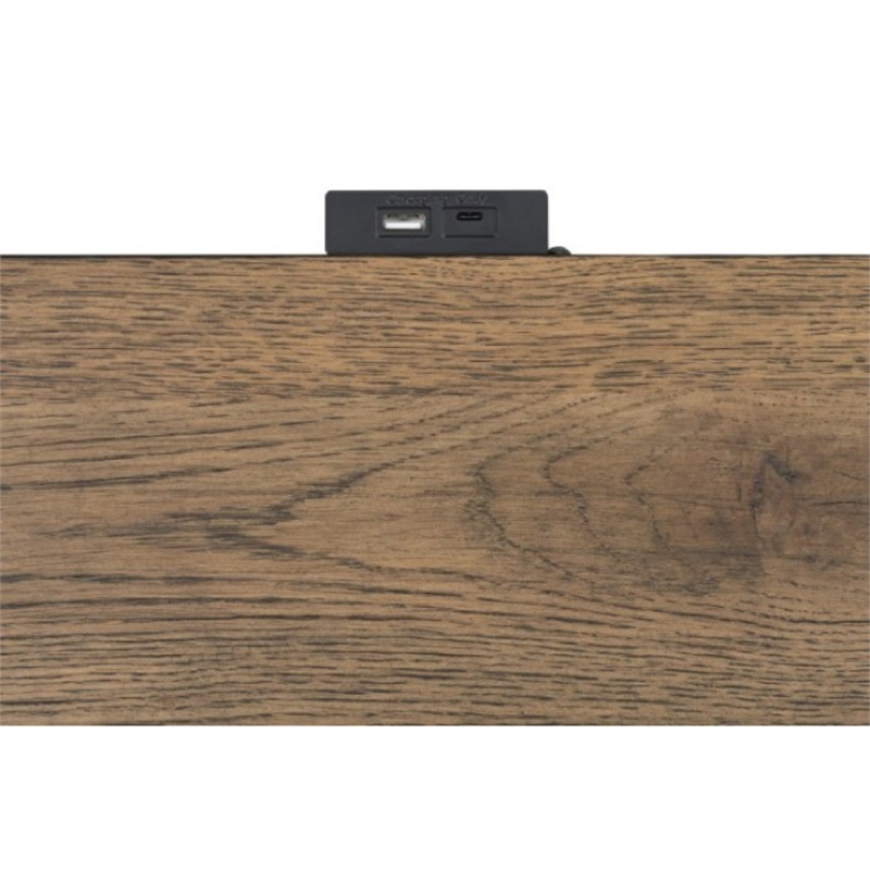 Benjara Ginie Nightstand with 2 USB Ports- 3 Drawers- Black Rustic Oak Brown