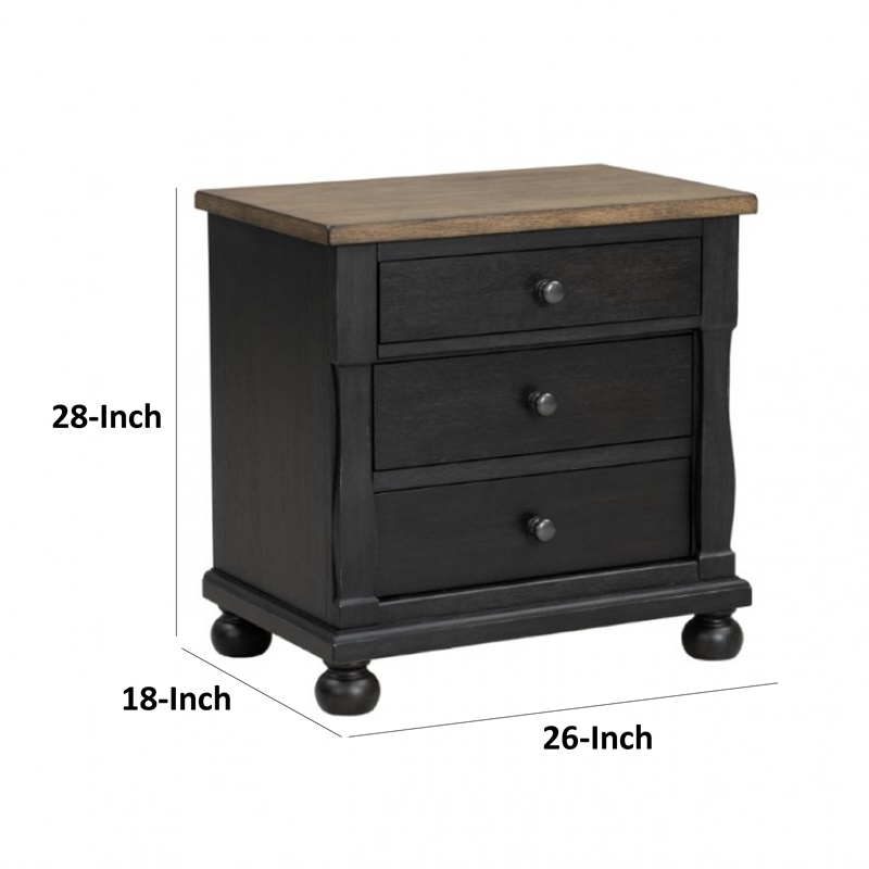 Benjara Ginie Nightstand with 2 USB Ports- 3 Drawers- Black Rustic Oak Brown