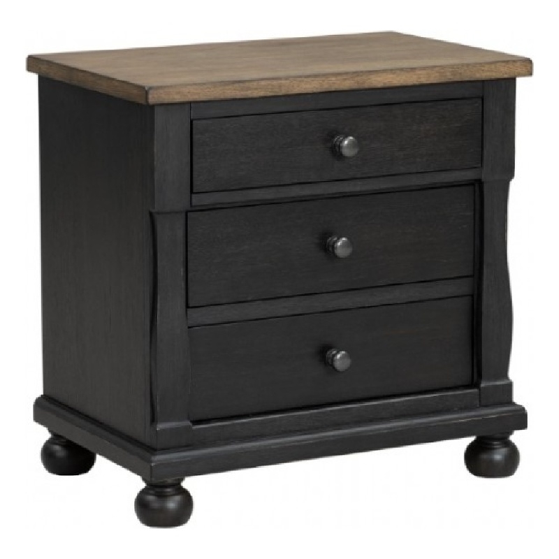 Benjara Ginie Nightstand with 2 USB Ports- 3 Drawers- Black Rustic Oak Brown