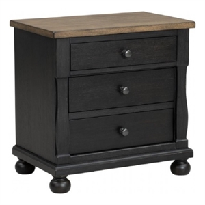 Benjara Ginie Nightstand with 2 USB Ports- 3 Drawers- Black Rustic Oak Brown