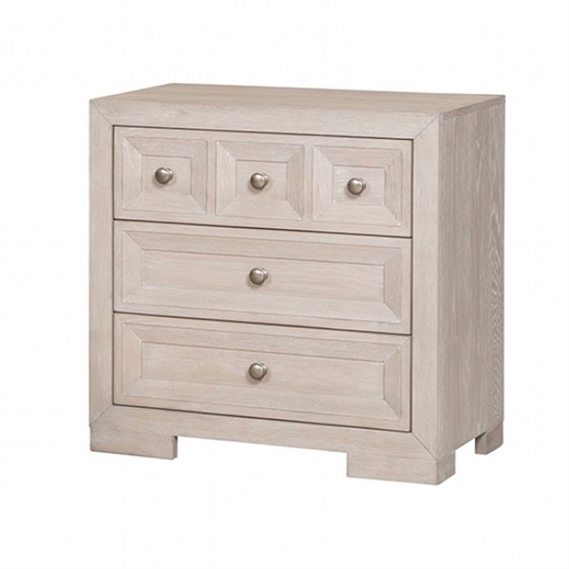 Benjara Kizie Nightstand- USB- 3 Drawers- Bronze- Beige Solid Wood- 28 Inch
