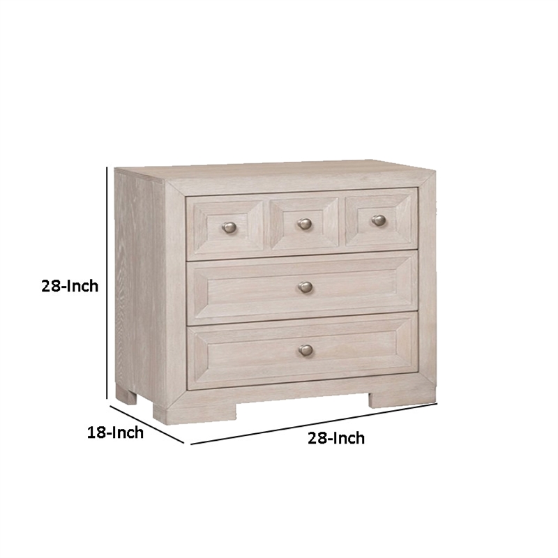 Benjara Kizie Nightstand- USB- 3 Drawers- Bronze- Beige Solid Wood- 28 Inch
