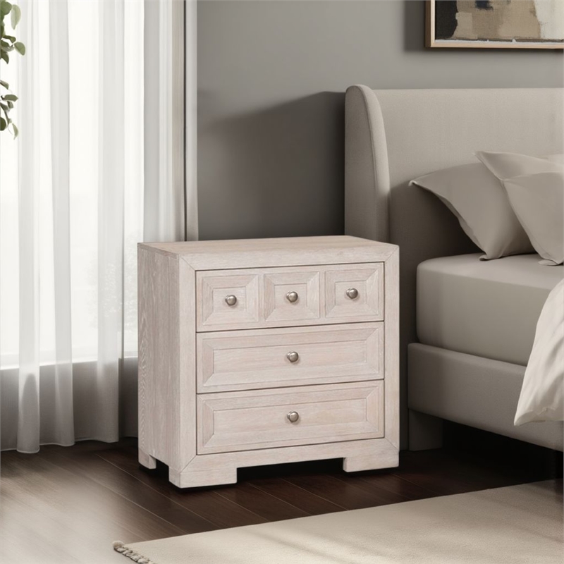 Benjara Kizie Nightstand- USB- 3 Drawers- Bronze- Beige Solid Wood- 28 Inch