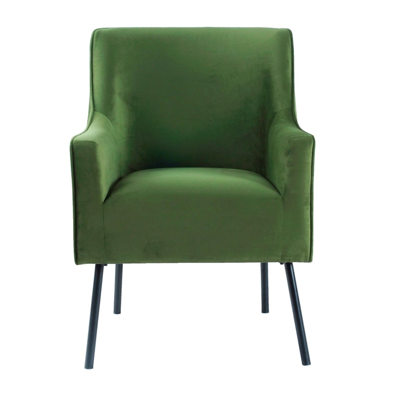 Benjara Sune Accent Chair- Soft Dark Green Velvet and Matte Black Metal Legs