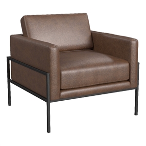 Benjara Fiam Accent Armchair- Dark Brown Faux Leather- Modern Black Legs