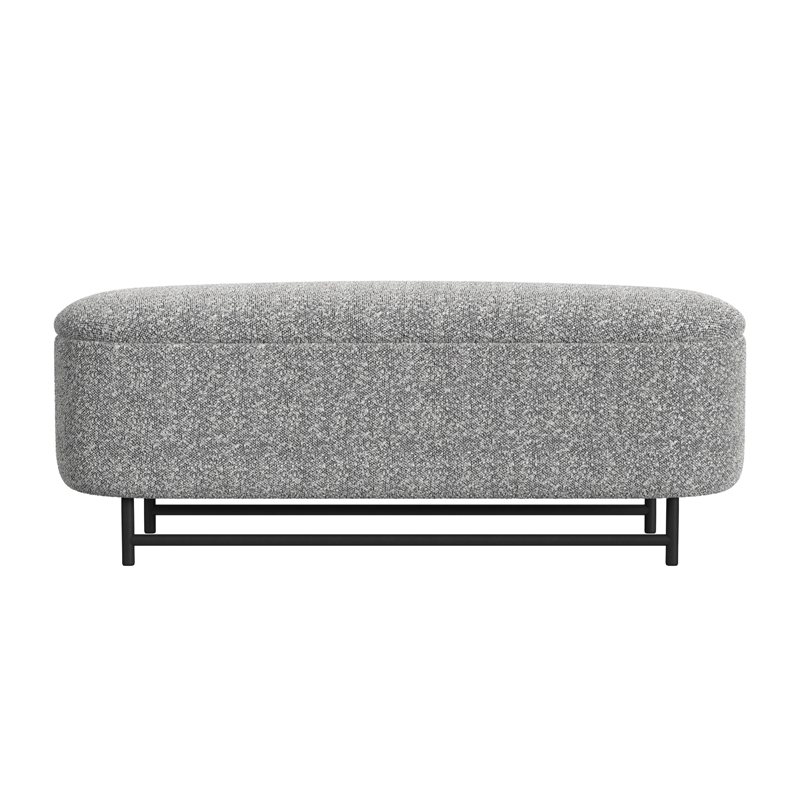 Benjara Pat Storage Bench Ottoman- Gray Yarn Cream Boucle- Black Metal 46 Inch