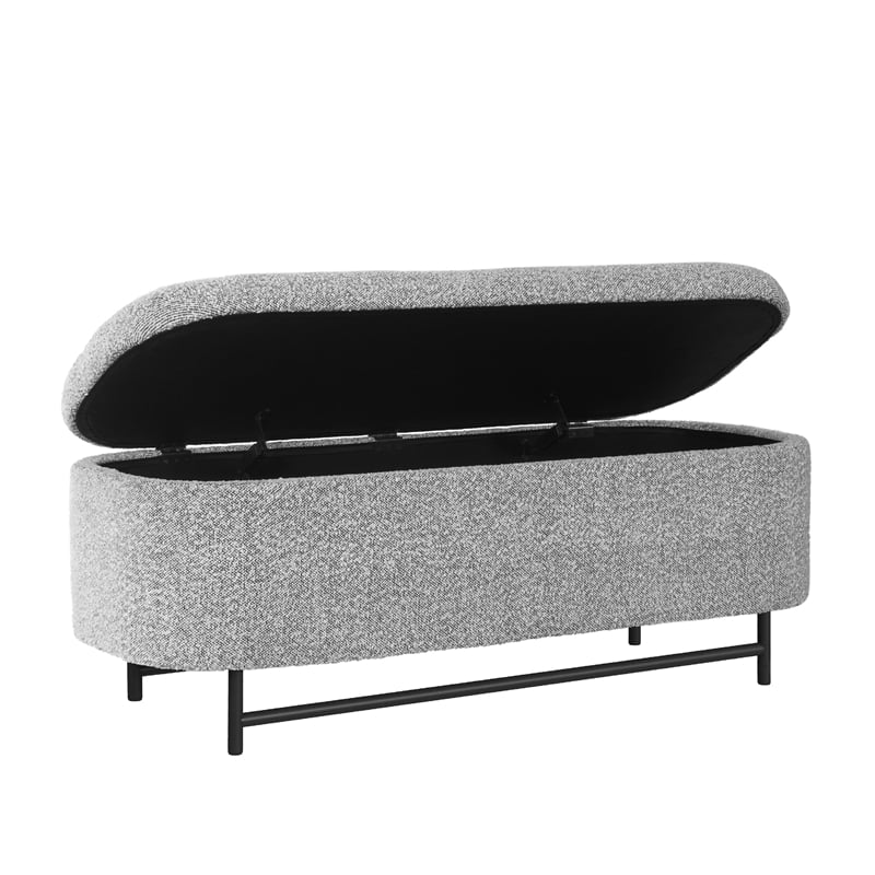 Benjara Pat Storage Bench Ottoman- Gray Yarn Cream Boucle- Black Metal 46 Inch