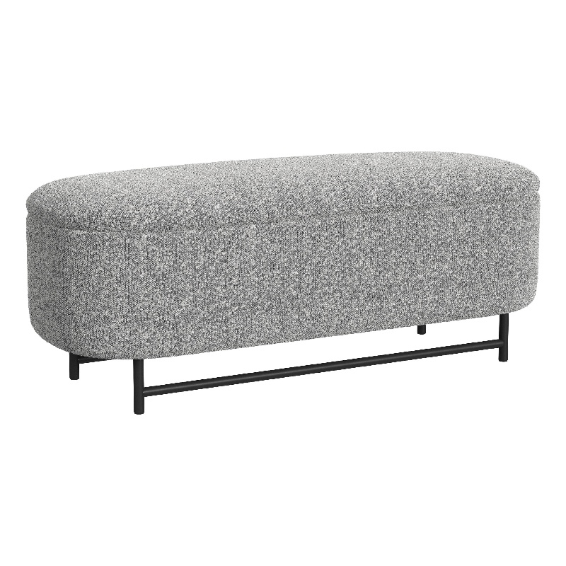 Benjara Pat Storage Bench Ottoman- Gray Yarn Cream Boucle- Black Metal 46 Inch