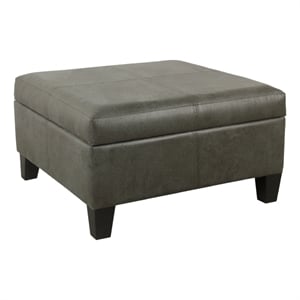 Benjara Leo Square Storage Ottoman with Plush Gray Faux Leather- 28 Inch