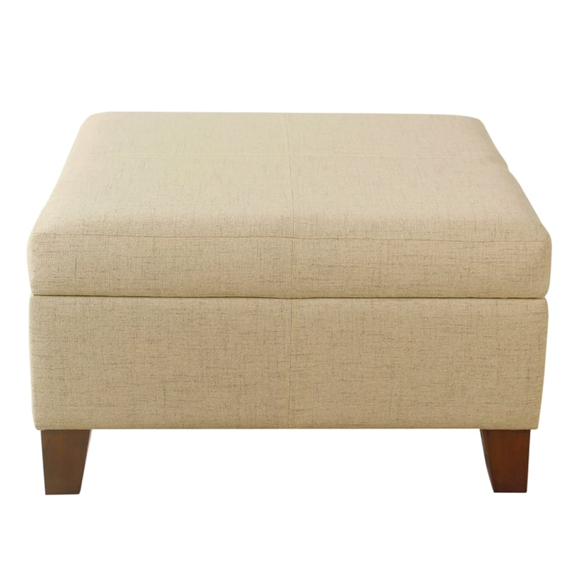 Benjara Leo Square Storage Ottoman with Plush Tan Brown Woven Fabric- 28 Inch