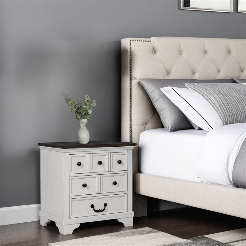 Benjara Hamps Nightstand- USB A-C- 3 Drawers- White and Dark Brown- 28 Inch