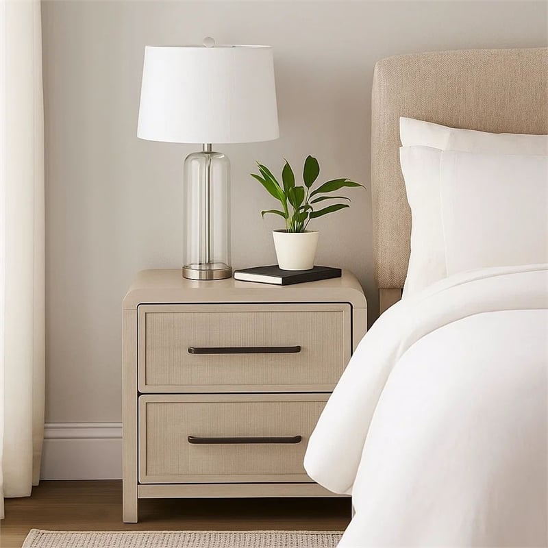 Benjara Giva Nightstand- 2 Drawers- USB A-C- Natural Oak Beige Finish- 24 Inch