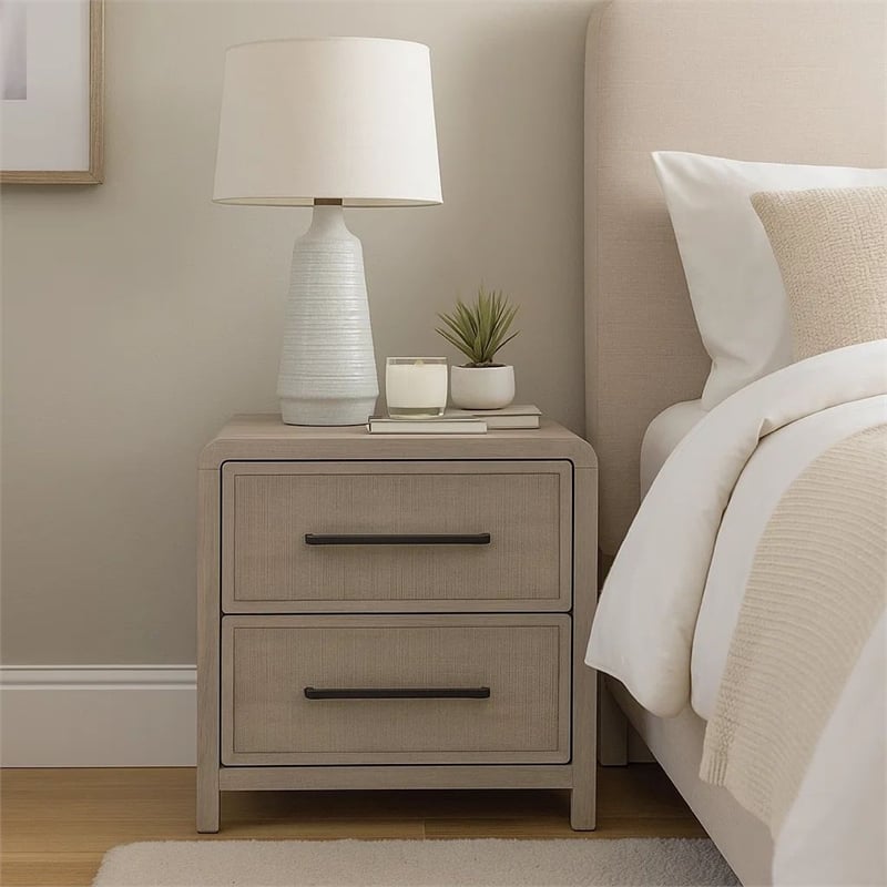 Benjara Giva Nightstand- 2 Drawers- USB A-C- Natural Oak Beige Finish- 24 Inch
