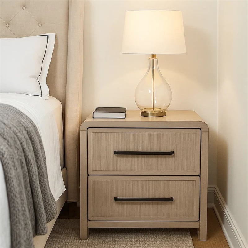 Benjara Giva Nightstand- 2 Drawers- USB A-C- Natural Oak Beige Finish- 24 Inch