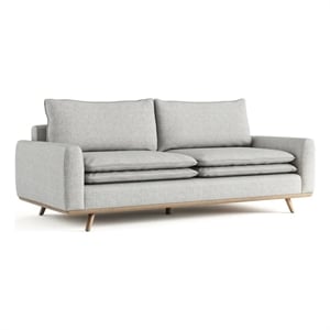 Benjara Yaana Sofa- Feather Blend Pillow- Oak Brown Wood- Gray Fabric 83 Inch