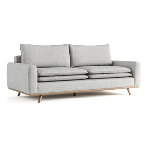 Benjara Yaana Sofa- Feather Blend Pillow- Oak Brown Wood- Gray Fabric 83 Inch