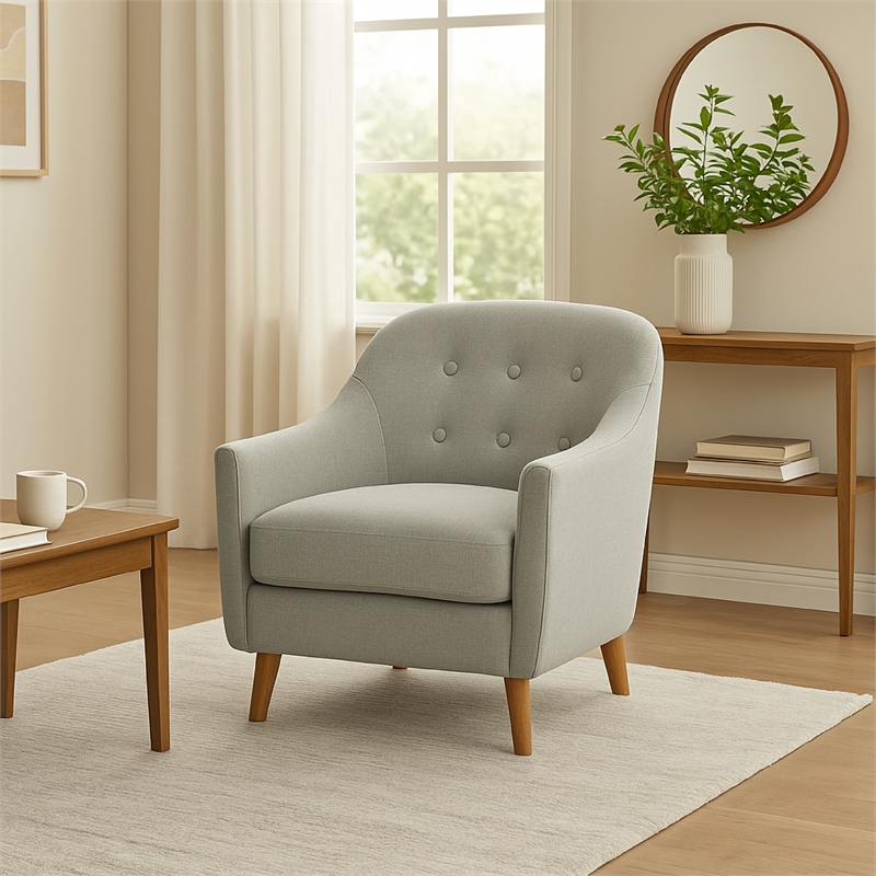 Benjara Accent Armchair- Button Tufted Backrest- Soft Gray Woven Fabric