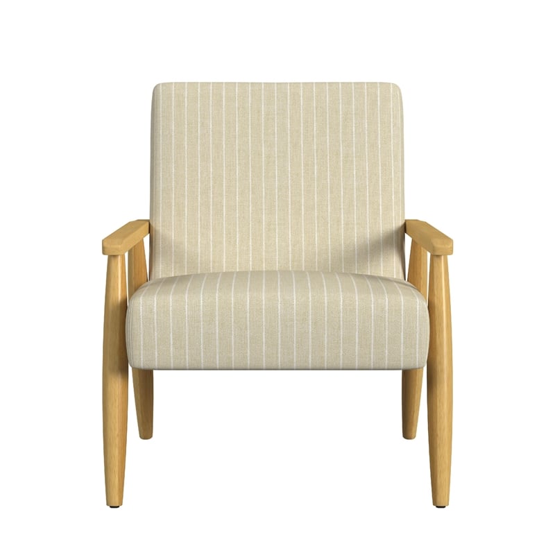 Benjara Accent Armchair- Beige and White Stripe Pattern Fabric- Solid Wood