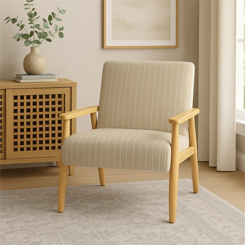 Benjara Accent Armchair- Beige and White Stripe Pattern Fabric- Solid Wood