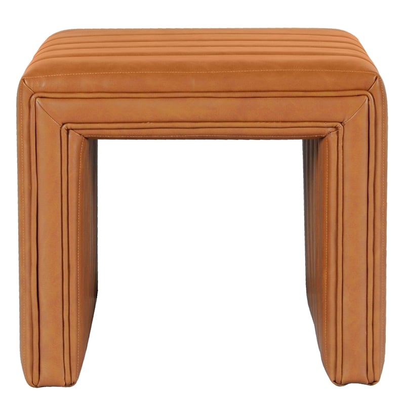 Benjara Ada Footstool Ottoman- Channel Tuft Caramel Brown Faux Leather 19 Inch