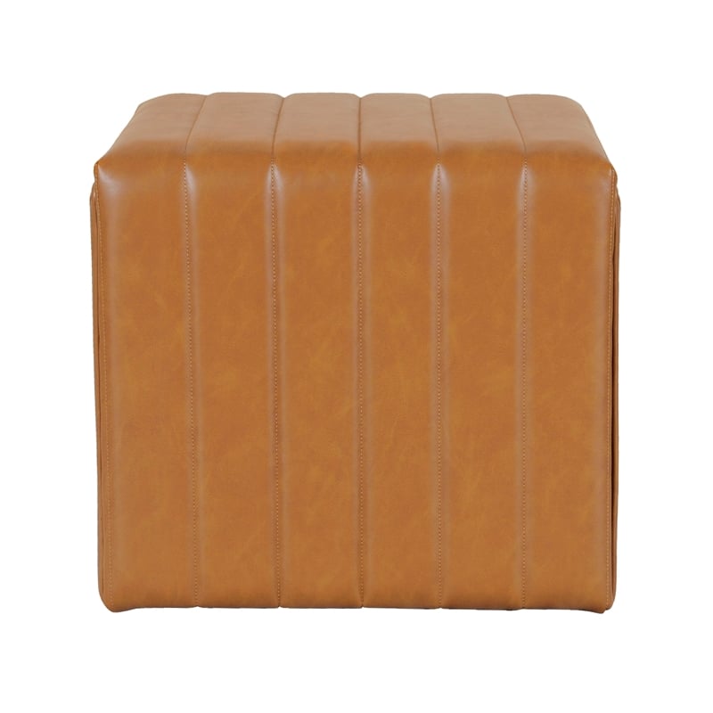 Benjara Ada Footstool Ottoman- Channel Tuft Caramel Brown Faux Leather 19 Inch