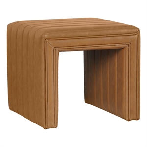 Benjara Ada Footstool Ottoman- Channel Tuft Caramel Brown Faux Leather 19 Inch