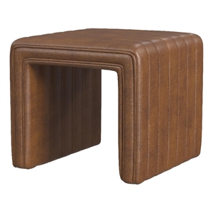 Benjara Ada Footstool Ottoman- Channel Tufted Brown Faux Leather- 19 Inch