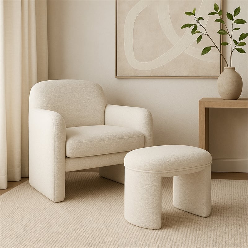 Benjara Max Ottoman Footstool with Saddle Seat- Cream White Boucle- 24 Inch