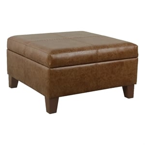 Benjara Leo Square Storage Ottoman- Distressed Brown Faux Leather- 28 Inch