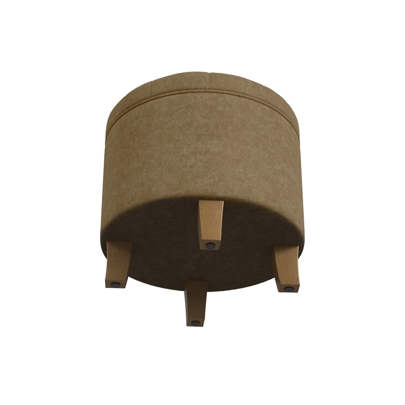 Benjara Wes Round Storage Ottoman- Mocha Brown Velvet- Hardwood- 19 Inch