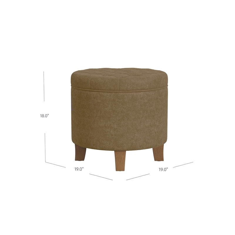 Benjara Wes Round Storage Ottoman- Mocha Brown Velvet- Hardwood- 19 Inch