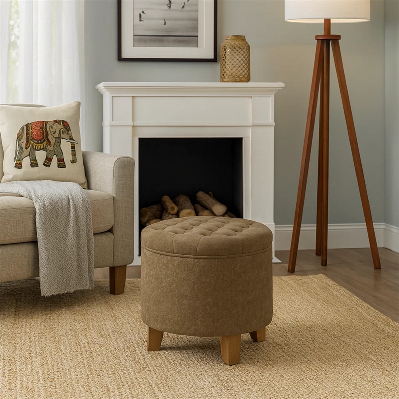 Benjara Wes Round Storage Ottoman- Mocha Brown Velvet- Hardwood- 19 Inch