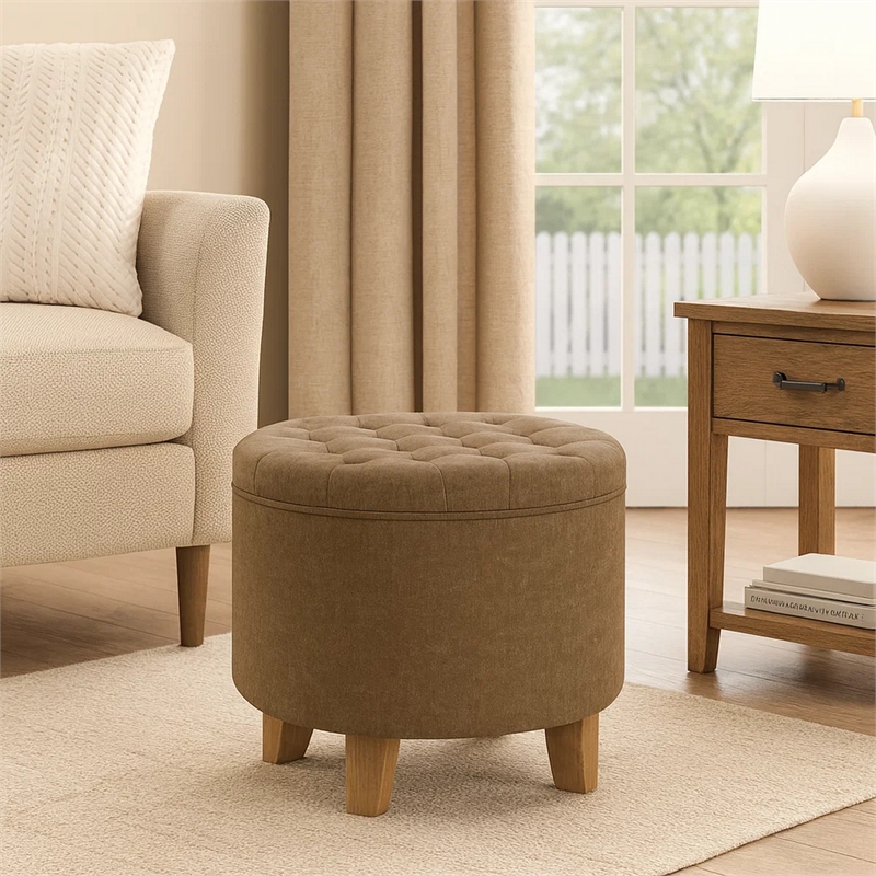 Benjara Wes Round Storage Ottoman- Mocha Brown Velvet- Hardwood- 19 Inch