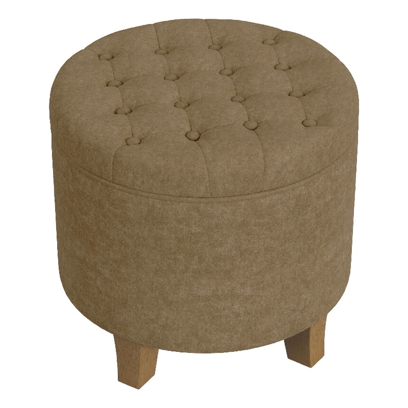 Benjara Wes Round Storage Ottoman- Mocha Brown Velvet- Hardwood- 19 Inch