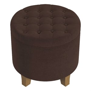 Benjara Wes Round Storage Ottoman- Chocolate Brown Velvet- Hardwood- 19 Inch