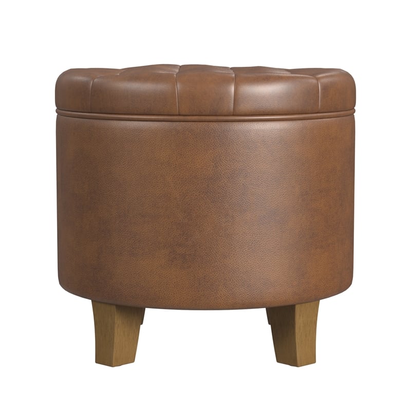 Benjara Wes Round Storage Ottoman- Brown Faux Leather- Hardwood- 19 Inch