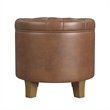 Benjara Wes Round Storage Ottoman- Brown Faux Leather- Hardwood- 19 Inch
