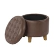 Benjara Wes Round Storage Ottoman- Brown Faux Leather- Hardwood- 19 Inch